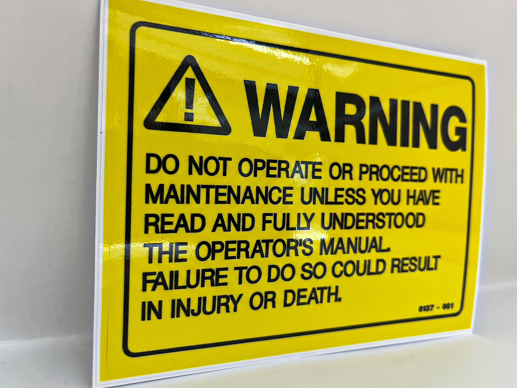 รับทำป้ายความปลอดภัยโรงงาน สติ๊กเกอร์ WARNING ข้อความขั้นตอนบำรุงรักษาเครื่องจักรตามเกณฑ์ ANSI