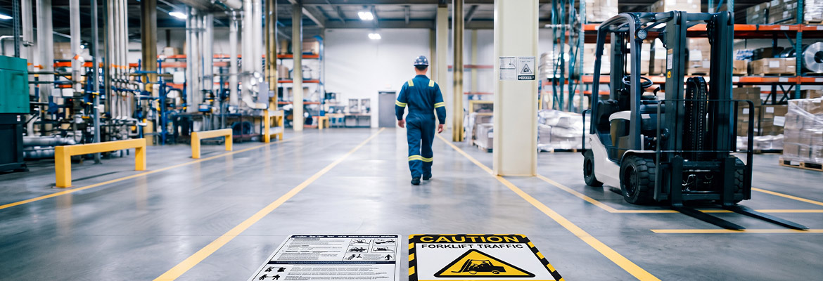 ป้ายสติ๊กเกอร์ติดพื้นเตือนระวังรถยก FORKLIFT TRAFFIC CAUTION และป้ายระเบียบปฏิบัติผิวกันลื่น ติดตั้งบนพื้นทางเดินคลังสินค้าตามหลักประเมินหน้างานจริง