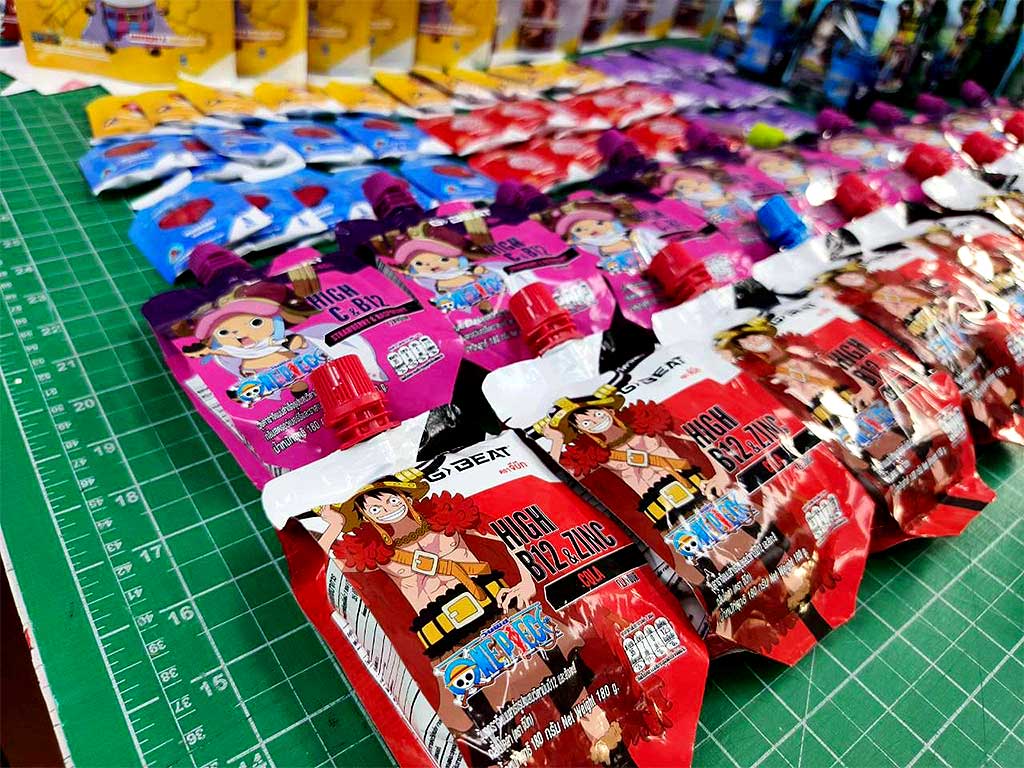 บริการผลิตฉลาก อย. ซอง Spout Pouch ตรวจสอบรอยซีลหัวจุกและข้อความตามกฎหมาย
