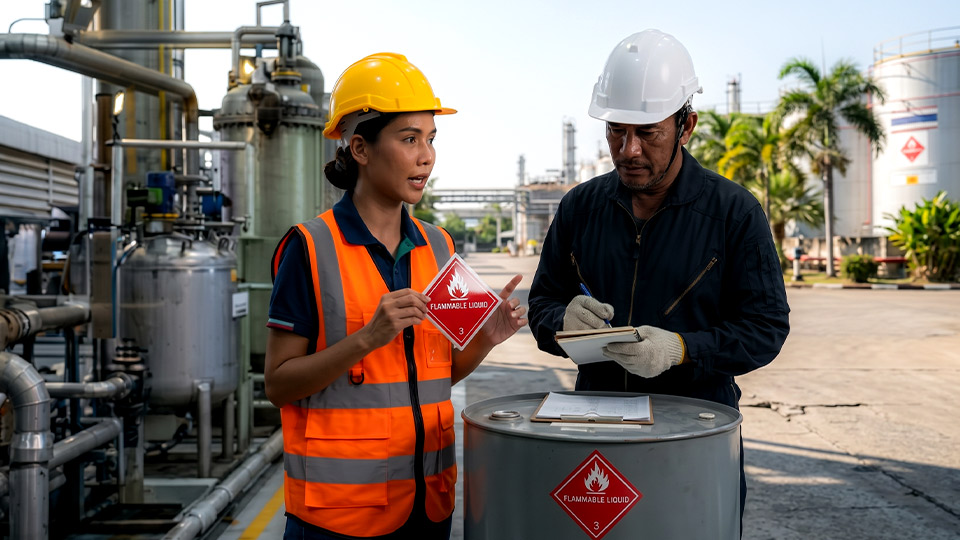 เจ้าหน้าที่ตรวจเช็กสติ๊กเกอร์ฉลาก GHS สารไวไฟ Flammable Liquid 3 บนถังเคมี ตรวจสอบความถูกต้องของรูปแบบภาษาและเวอร์ชันฉลาก