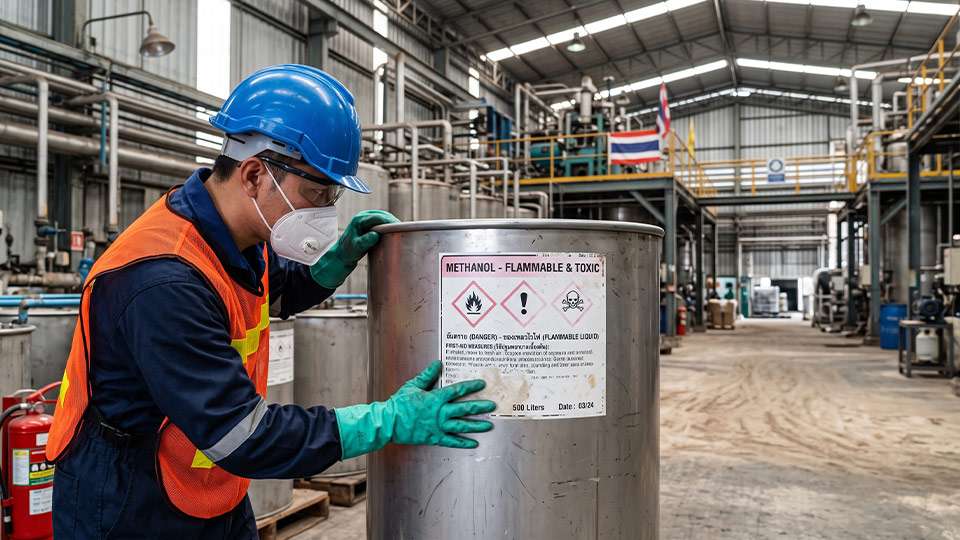 เจ้าหน้าที่โรงงานตรวจเช็กสติ๊กเกอร์ฉลาก GHS เมทานอล (Methanol - Flammable & Toxic) ที่ซีดจางบนถังสารเคมี 500 ลิตร เพื่อป้องกันความเสี่ยงด้านความปลอดภัย