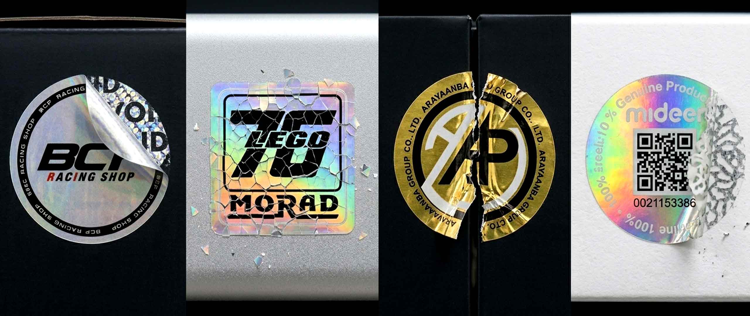 ภาพเปรียบเทียบกลไกสติ๊กเกอร์กันแกะ 4 รูปแบบ สติ๊กเกอร์ Void ทิ้งคราบ สติ๊กเกอร์เปลือกไข่แตกละเอียด Security Seal ขาดตามรอยต่อ และฉลากกันปลอม QR Code ตรวจสอบย้อนกลับ