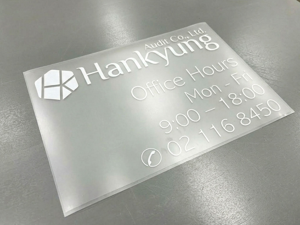 ฉลากใสพิมพ์สีขาว Transparent UV ป้ายเวลาทำการสำนักงาน Hankyung Audit ตัวหนังสือคมชัดสูง