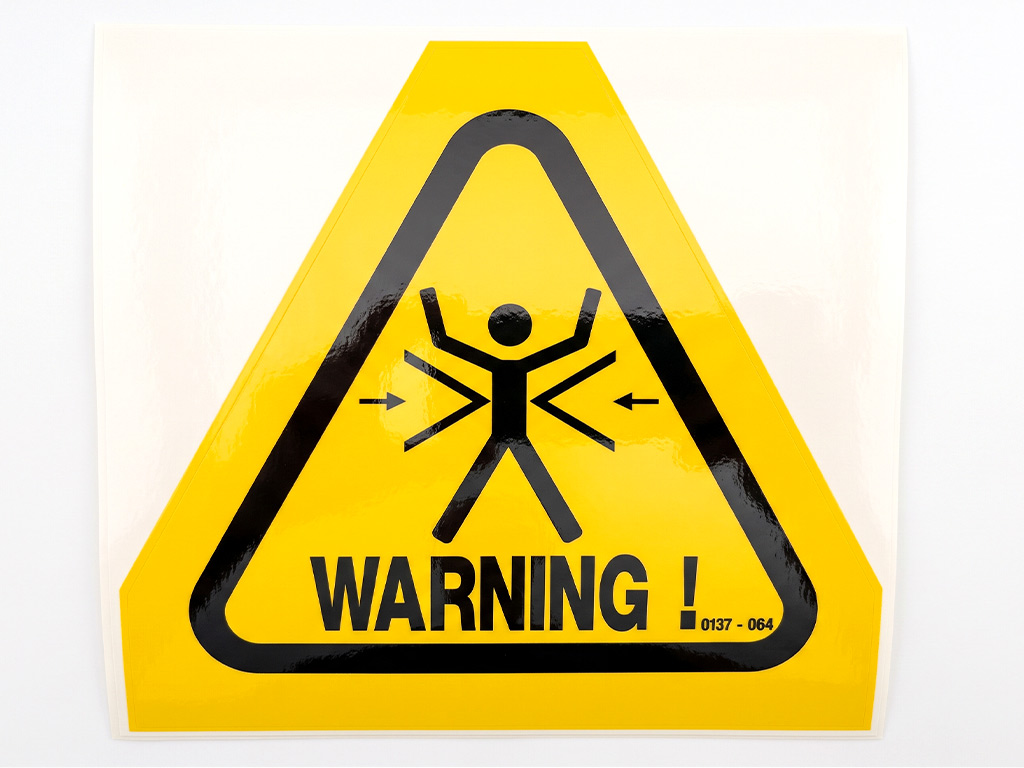 ป้ายความปลอดภัยโรงงาน ทรงสามเหลี่ยมเตือนระวังการหนีบอัด ข้อความ WARNING ชัดเจน
