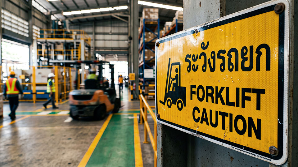 ป้ายเตือนระวังรถยก FORKLIFT CAUTION สัญลักษณ์และข้อความขนาดใหญ่ติดตั้งบนเสาเหล็กริมแนวทางเดินในคลังสินค้า