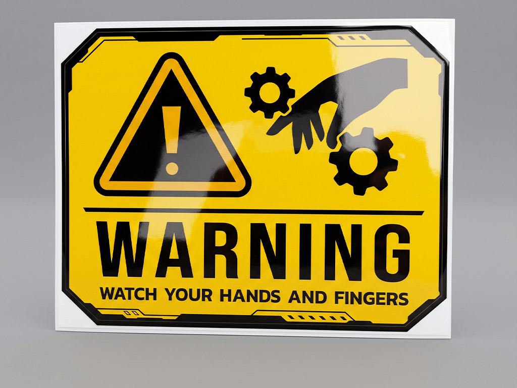 ป้ายความปลอดภัยโรงงาน สติ๊กเกอร์ WARNING WATCH YOUR HANDS AND FINGERS เตือนระวังมือและนิ้วติดเฟือง
